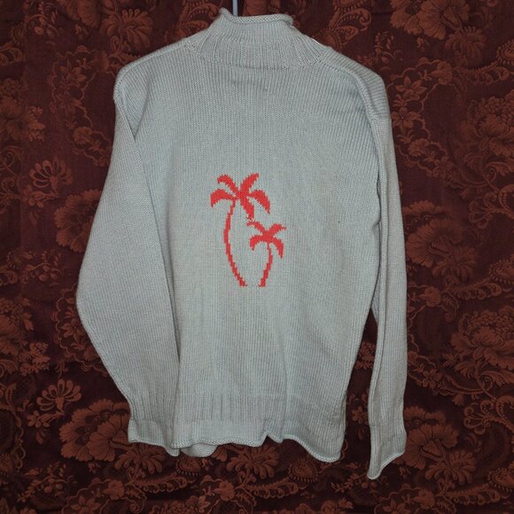 Rey Wear Cotton Blue Mock Neck Palm Tree Sweater Women's Size XL - Picture 2 of 4